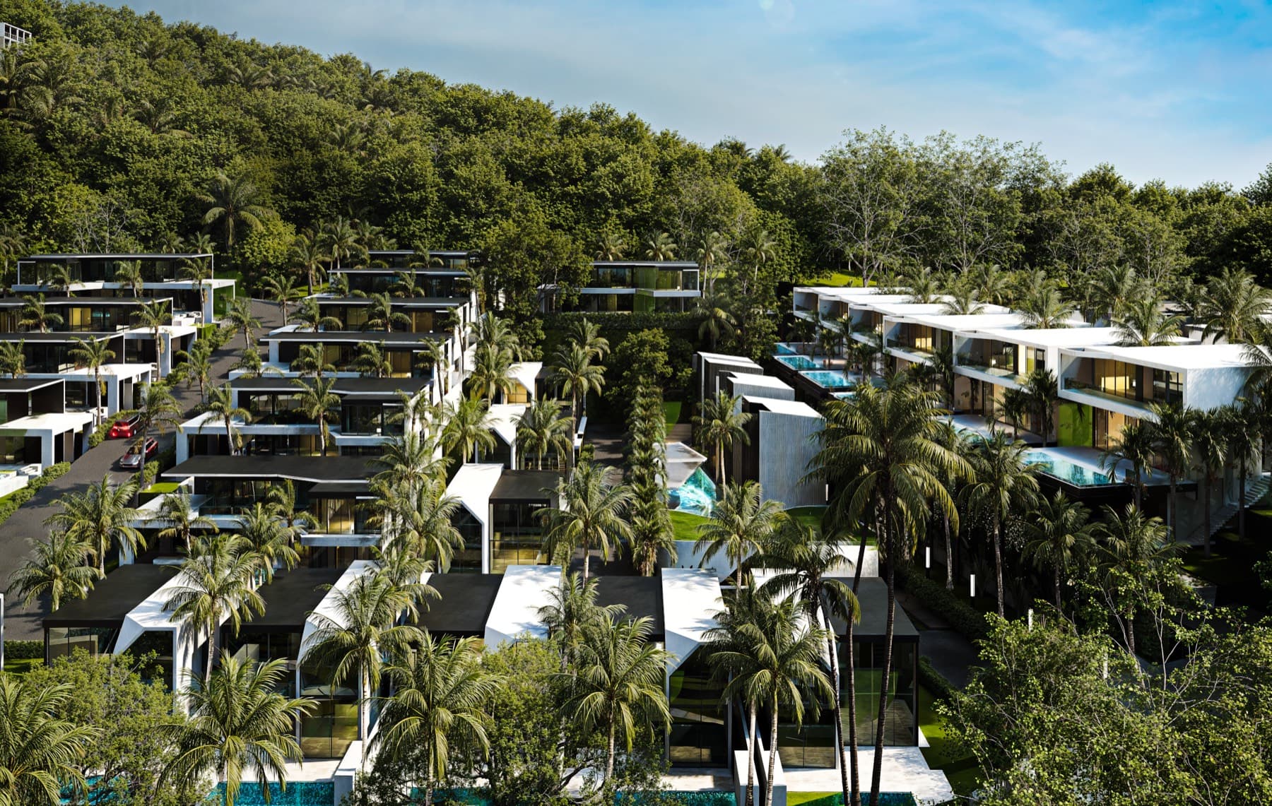 Aileen Villas Layan masterplan render with tropical landscaping and water features