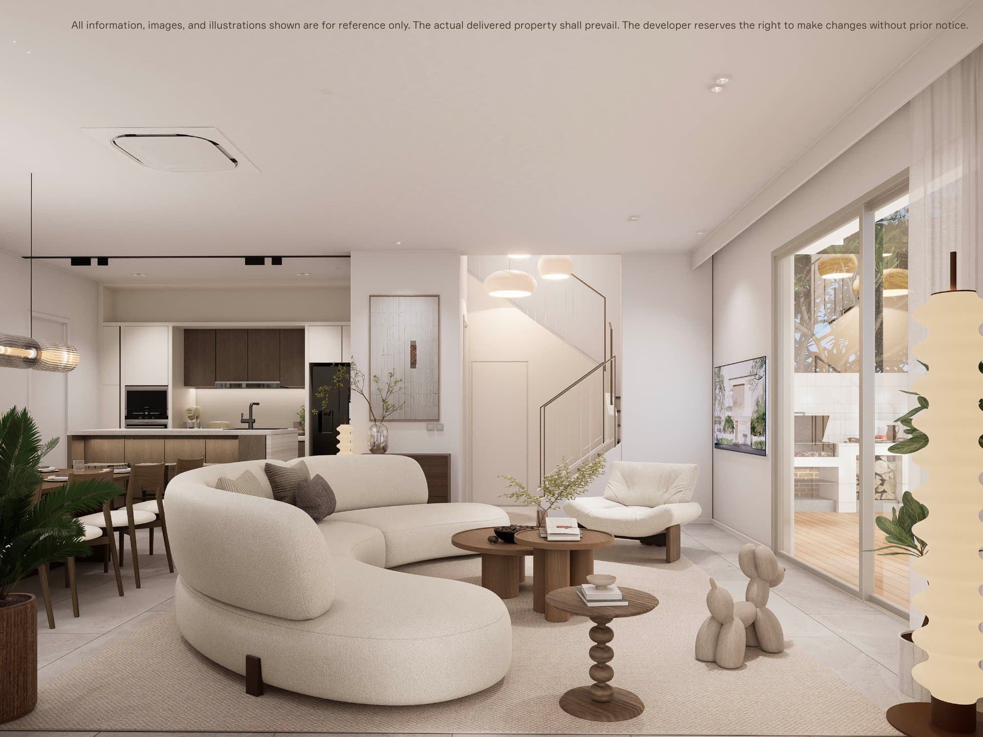 MORI dining and kitchen โ open plan with designer lighting